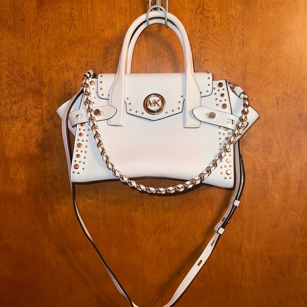 Michael Kors White Leather Studded Satchel with Gold Chain